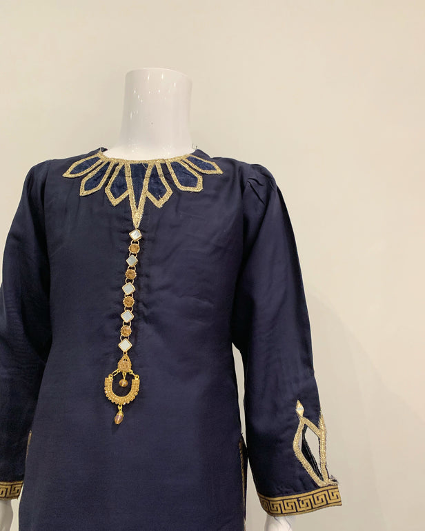 Girls Navy Viscose Embellished Kameez Suit