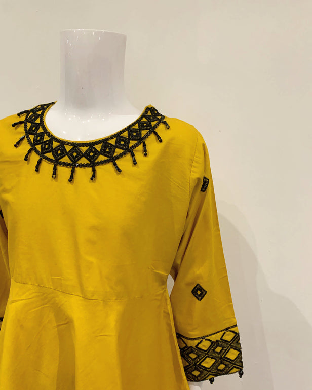 Simrans Mustard Girls Embroidered Peplum Suit