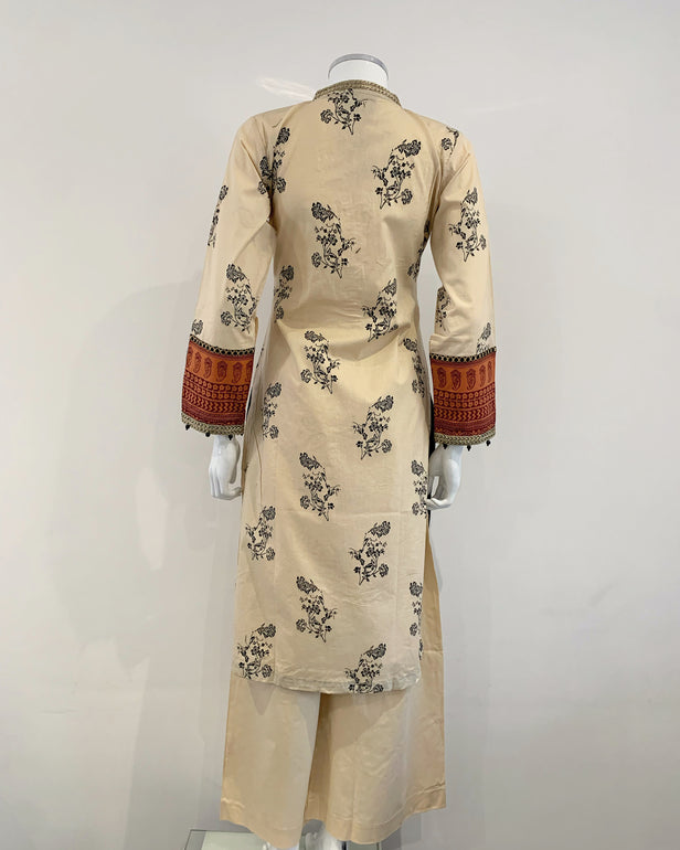 Beige Block Print Kameez Suit