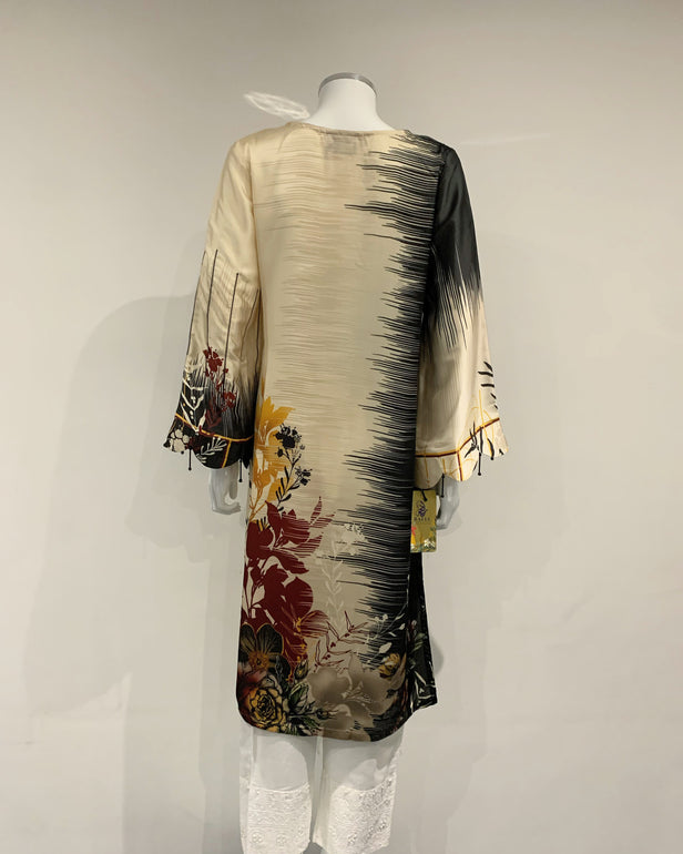 RAFIA Designer Gold Petal Contrast Digital Print Premium Silk Kurta