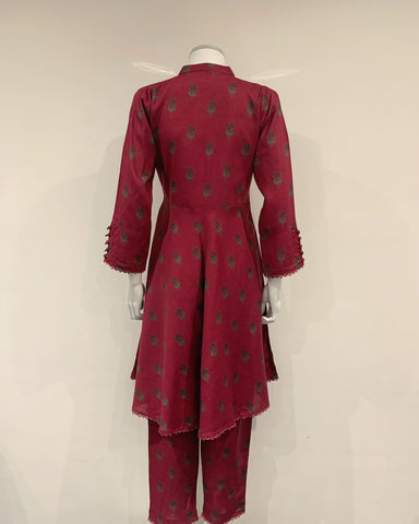 Simrans Magenta Hem Slub Linen Printed Dress Suit