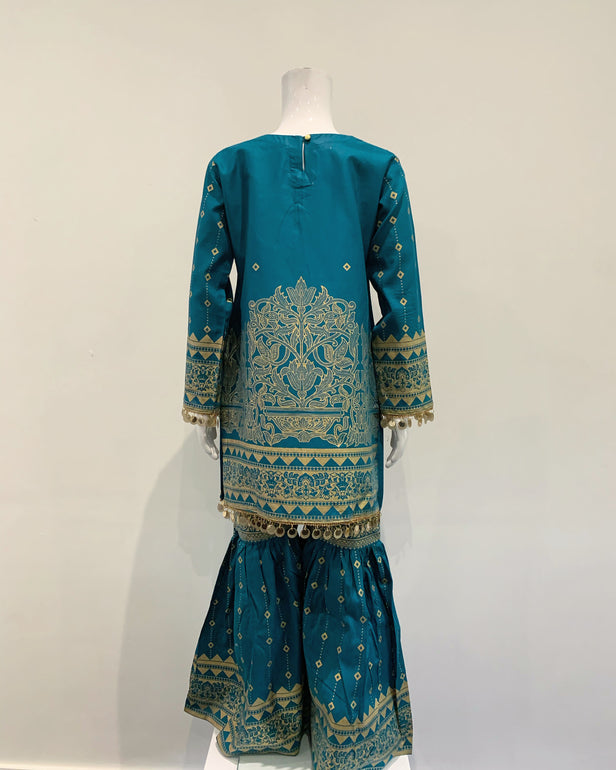 Girls Teal Block Print Garara Suit