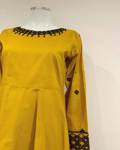 Simrans Mustard Ladies Embroidered Peplum Suit