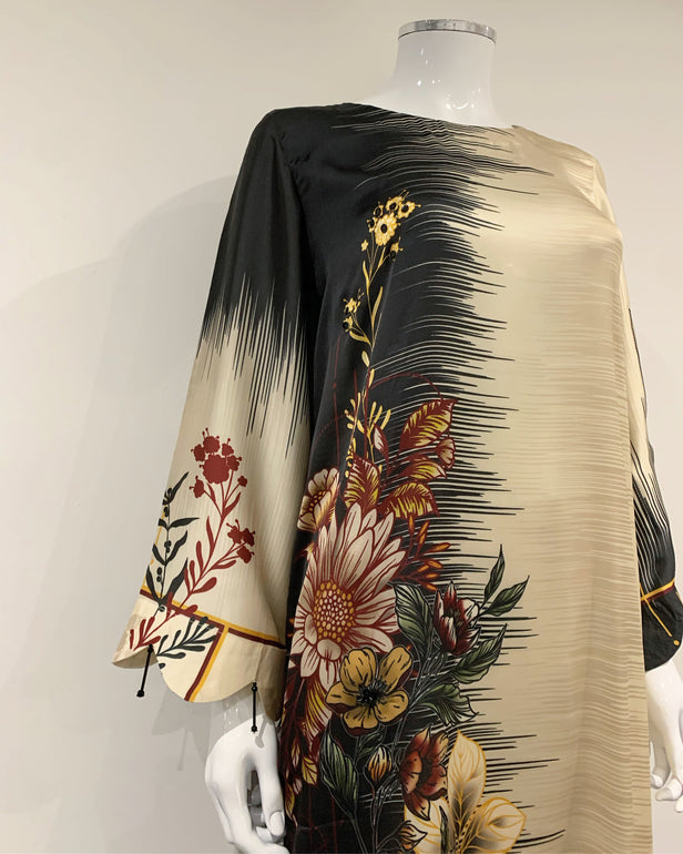 RAFIA Designer Gold Petal Contrast Digital Print Premium Silk Kurta