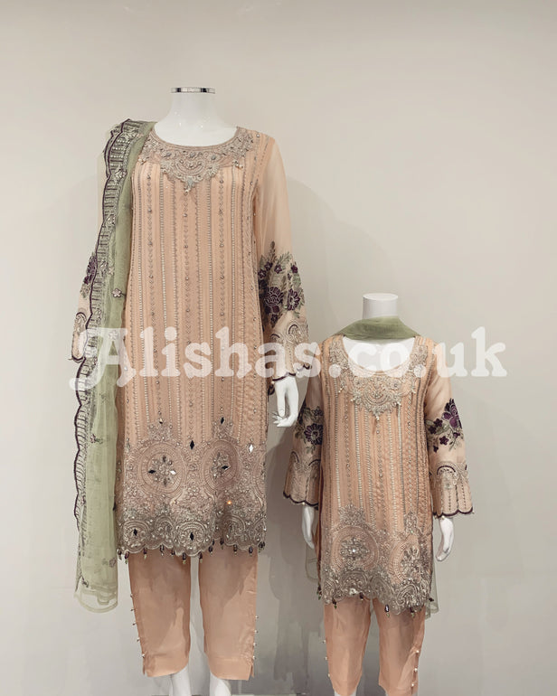 Blush Pink Girls Fancy Embellished Chiffon Kameez Suit
