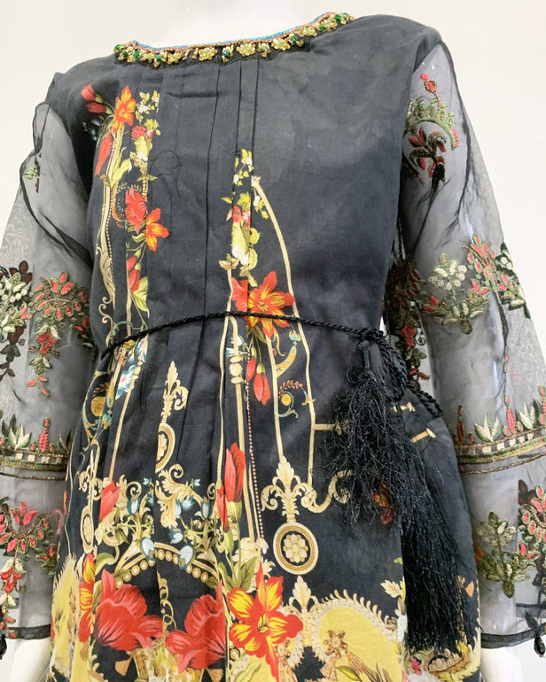 Guddiya Girls Luxury Black Floral Dress Belt Suit