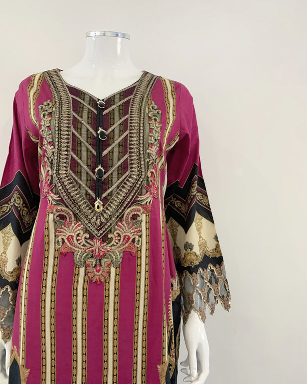 Digital Plum Lawn Kameez Garara Suit