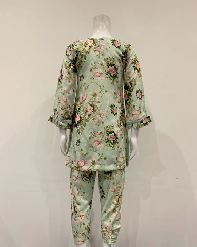 Simrans Girls Digital Pale Green Floral Linen Suit