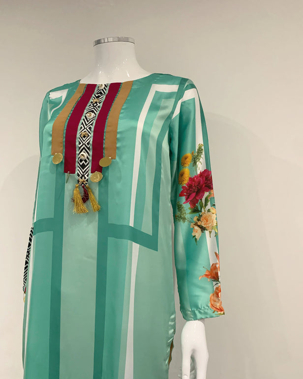 RAFIA Designer Cyan Motif Digital Print Premium Silk Kurta