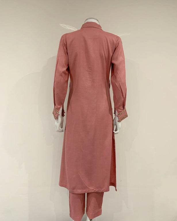 Pechaan Soft Marina Blush Pink Belted Collar Kameez Suit