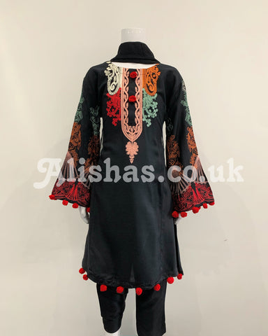 Girls Multi Embroidered Flary Sleeve Suit