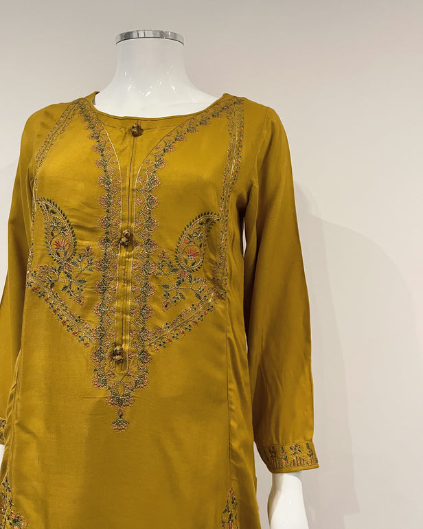 RAFIA Designer Mustard Embroidered Linen Suit