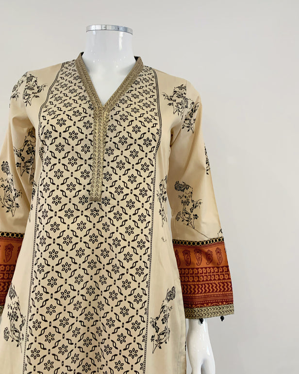 Beige Block Print Kameez Suit