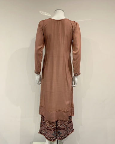 Simrans Burnt Orange Embroidered Ajrak Linen Flary Pants Suit