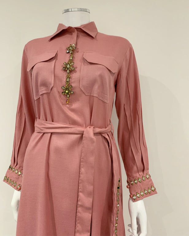 Pechaan Soft Marina Blush Pink Belted Collar Kameez Suit