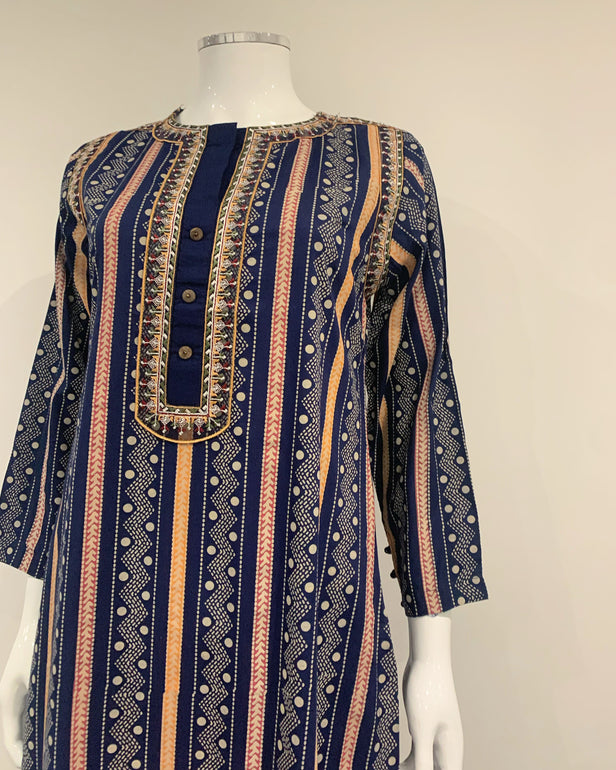 Simrans Navy Contrast Block Print Long Print Kurta