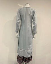 Simrans Ice Grey Embroidered Ajrak Linen Flary Pants Suit